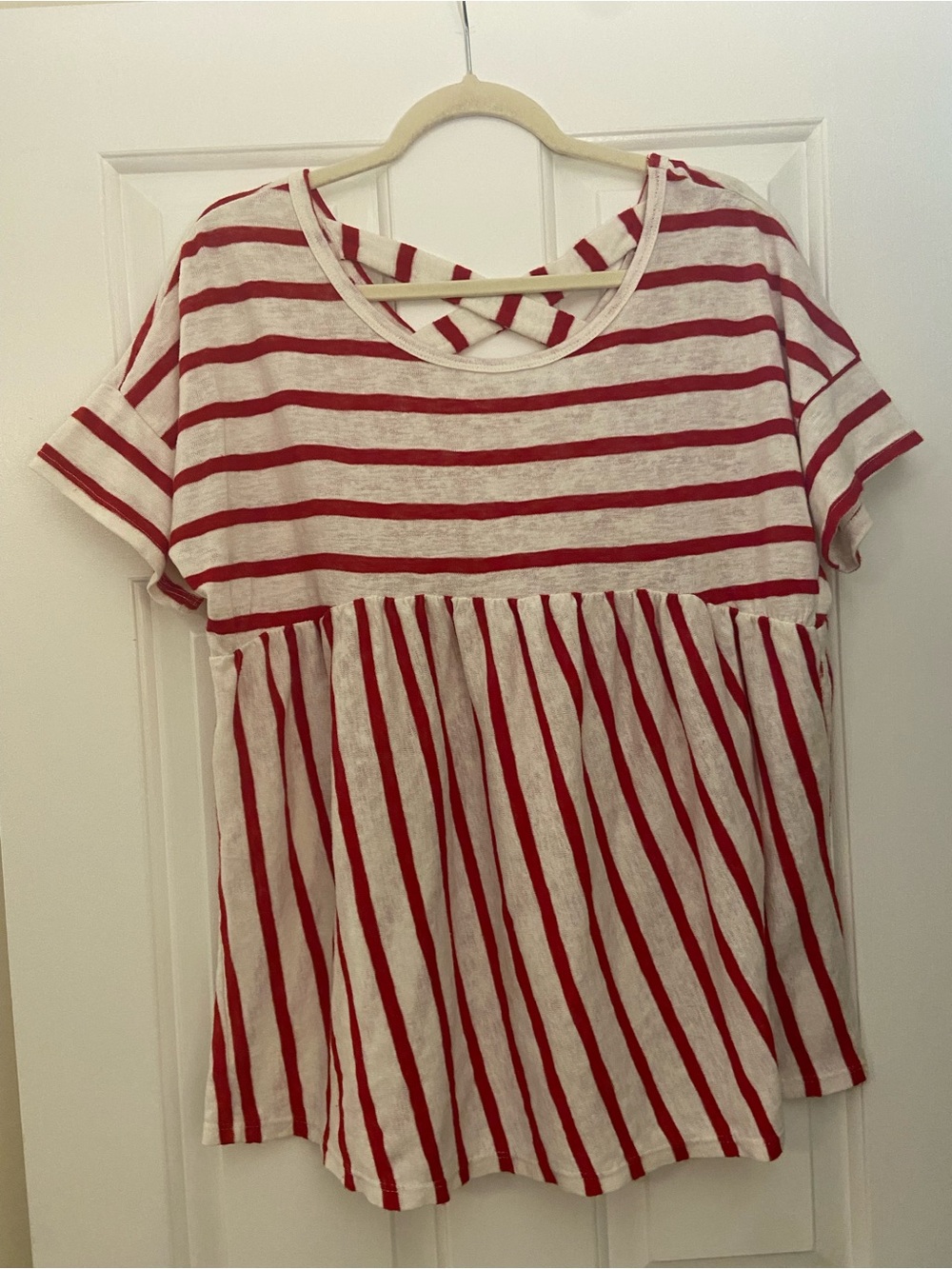 Hailey & Co Women’s Red Striped Short Sleeve Top with Crisscross Back